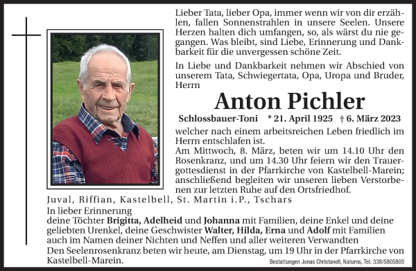 Traueranzeigen Von Anton Pichler Trauer Bz