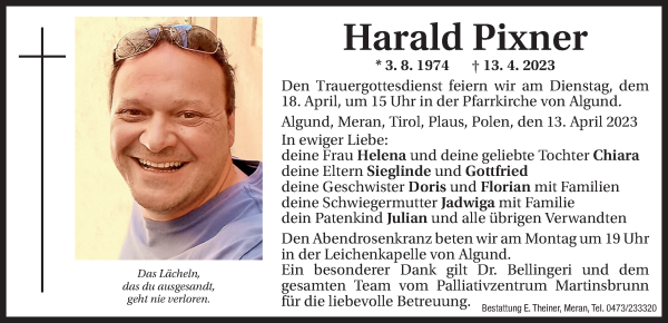 Traueranzeigen Von Harald Pixner Trauer Bz