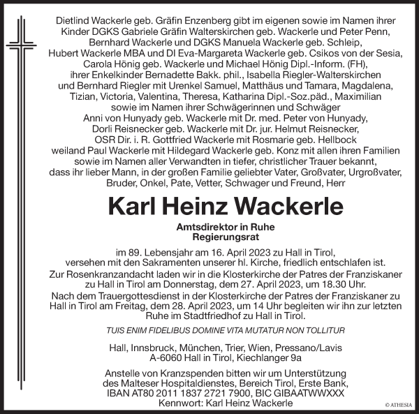 Traueranzeigen Von Karl Heinz Wackerle Trauer Bz