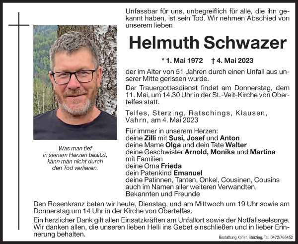 Traueranzeigen Von Helmuth Schwazer Trauer Bz