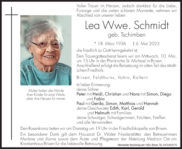 Traueranzeigen Von Lea Schmidt Trauer Bz