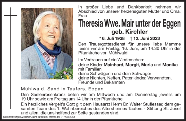 Traueranzeigen Von Theresia Mair Unter Der Eggen Trauer Bz