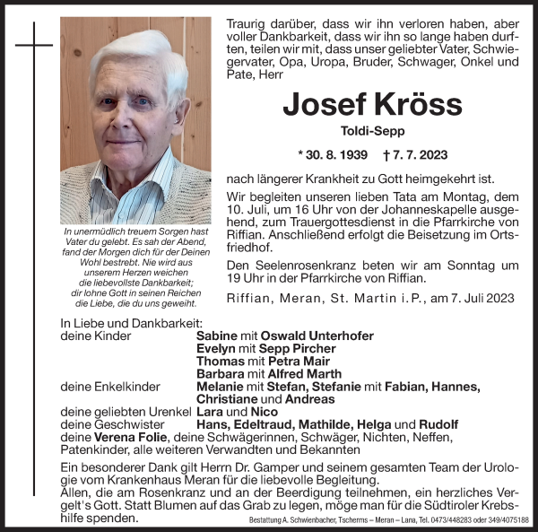 Traueranzeigen von Josef Kröss Trauer bz