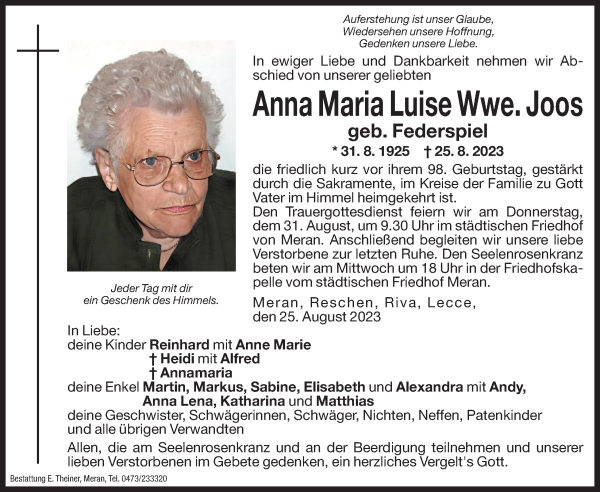 Traueranzeigen Von Anna Maria Luise Joos Trauer Bz