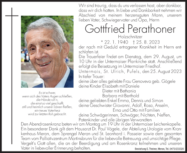 Traueranzeigen Von Gottfried Perathoner Trauer Bz