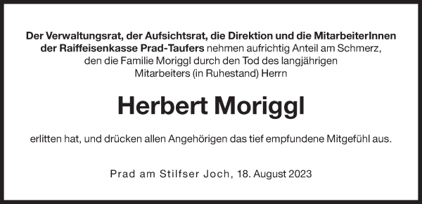 Traueranzeigen Von Herbert Moriggl Trauer Bz