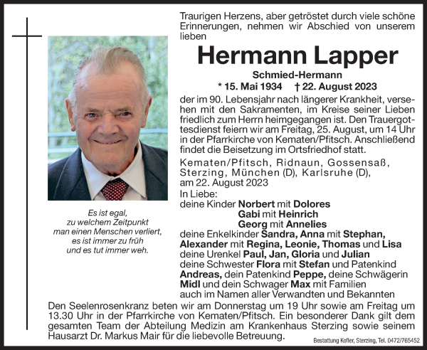 Traueranzeigen Von Hermann Lapper Trauer Bz