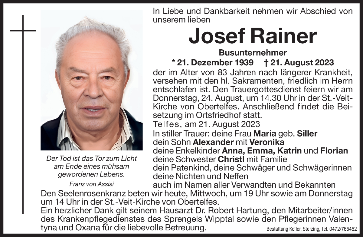 Traueranzeigen Von Josef Rainer Trauer Bz