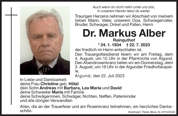 Traueranzeigen Von Markus Alber Trauer Bz