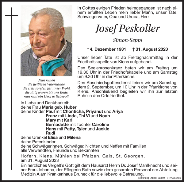 Traueranzeigen Von Josef Peskoller Trauer Bz