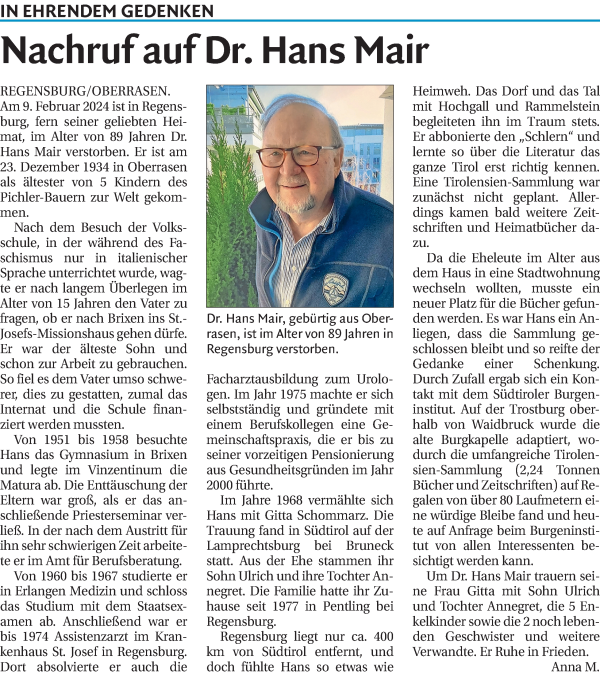 Traueranzeigen Von Hans Mair Trauer Bz