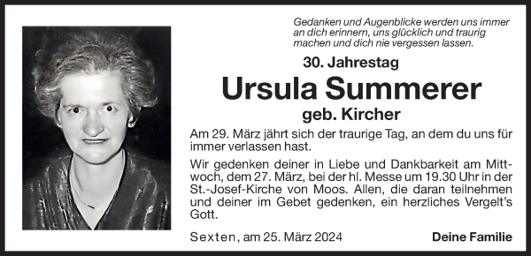 Traueranzeigen Von Ursula Summerer Trauer Bz