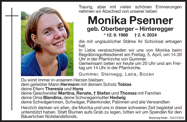 Traueranzeigen Von Monika Psenner Trauer Bz