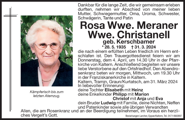 Traueranzeigen Von Rosa Christanell Trauer Bz