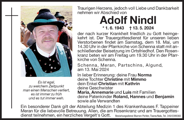Traueranzeige von Adolf Nindl von Dolomiten