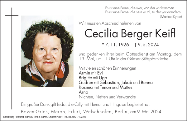 Traueranzeige von Cecilia Berger Keifl von Dolomiten