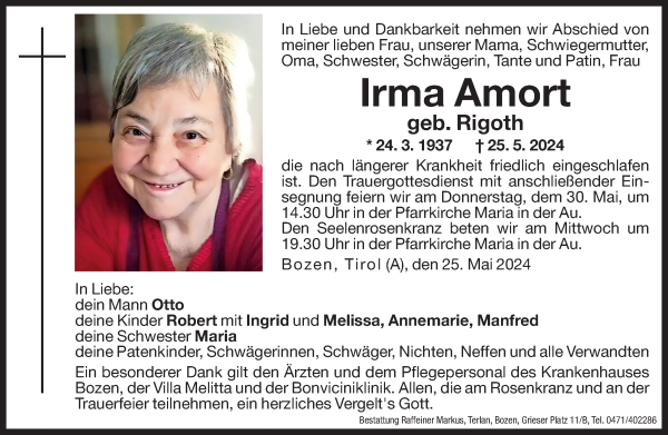 Traueranzeigen Von Irma Amort Trauer Bz