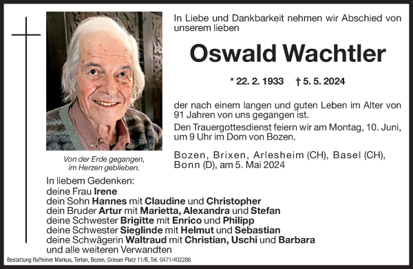 Traueranzeigen Von Oswald Wachtler Trauer Bz