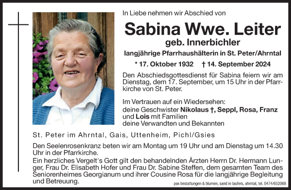 Traueranzeigen Von Sabina Leiter Trauer Bz