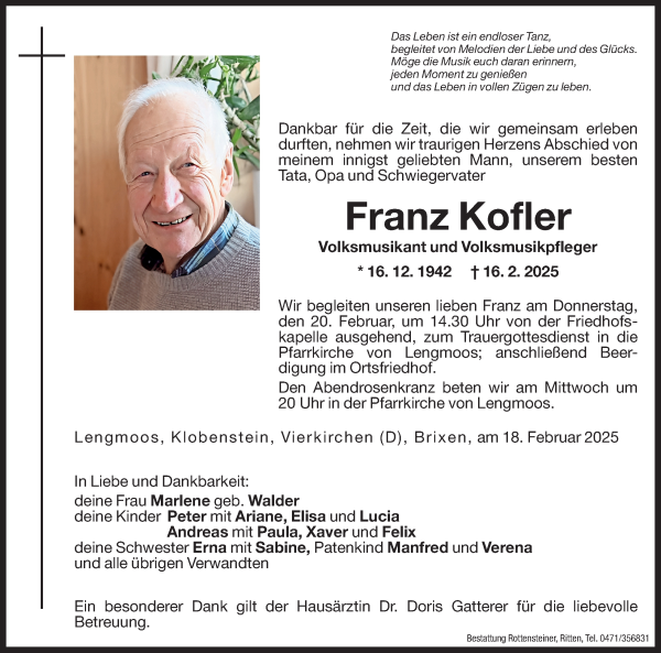 Traueranzeigen Von Franz Kofler Trauer Bz