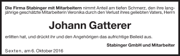 Traueranzeige von Johann Gatterer von Dolomiten