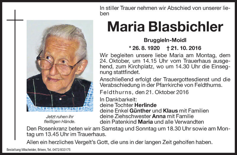  Traueranzeige für Maria Blasbichler vom 22.10.2016 aus Dolomiten