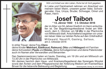 Traueranzeige von Josef Taibon von Dolomiten