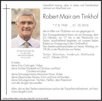 Traueranzeige von Robert Mair am Tinkhof von Dolomiten