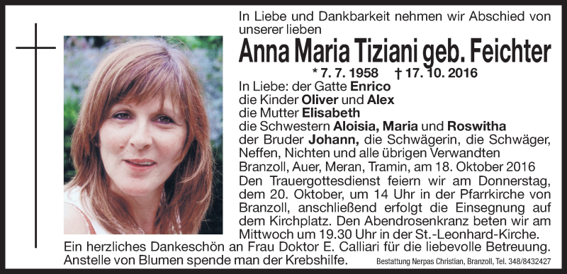  Traueranzeige für Anna Maria Tiziani vom 19.10.2016 aus Dolomiten