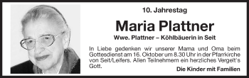 Traueranzeige von Maria Plattner von Dolomiten