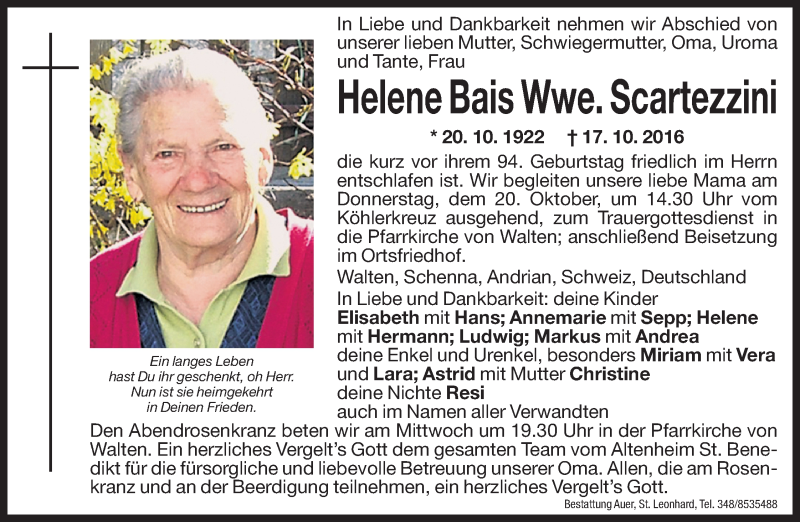  Traueranzeige für Helene Scartezzini vom 19.10.2016 aus Dolomiten