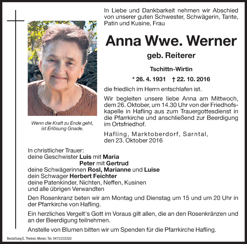  Traueranzeige für Anna Werner vom 24.10.2016 aus Dolomiten