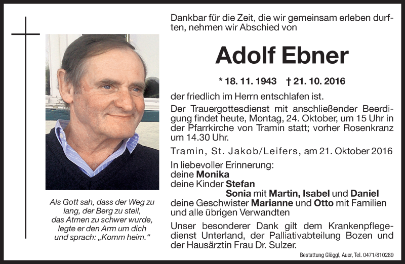  Traueranzeige für Adolf Ebner vom 24.10.2016 aus Dolomiten