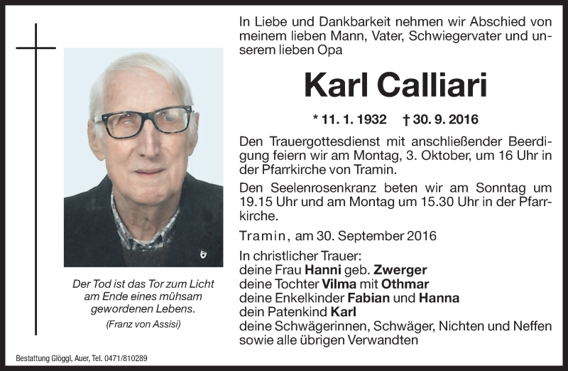  Traueranzeige für Karl Calliari vom 01.10.2016 aus Dolomiten