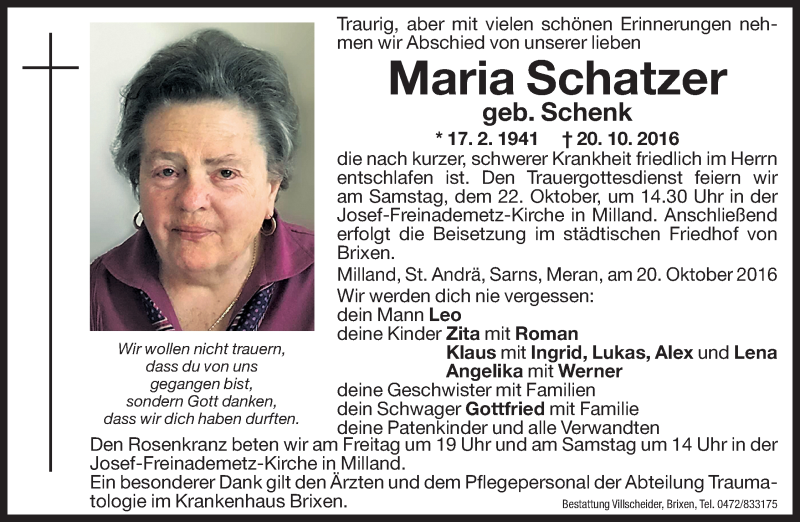  Traueranzeige für Maria Schatzer vom 21.10.2016 aus Dolomiten