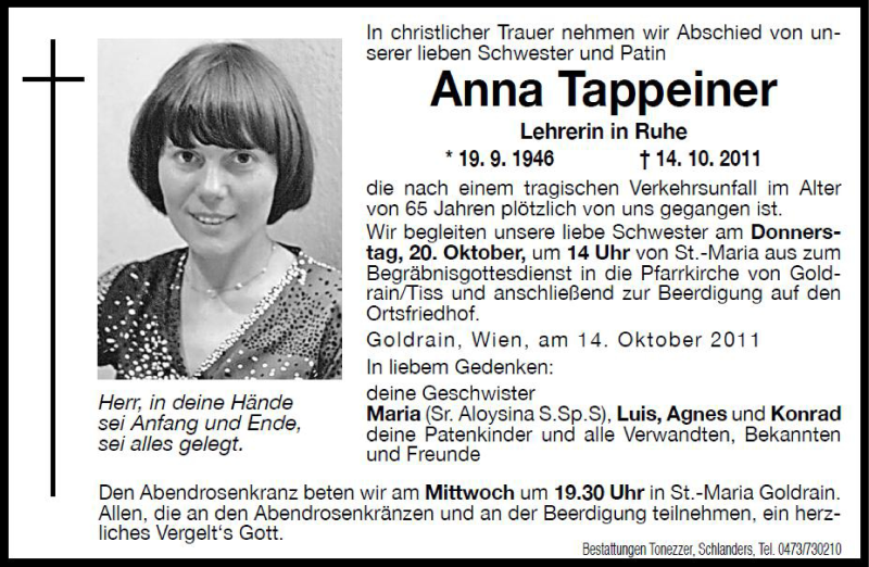  Traueranzeige für Anna Tappeiner vom 18.10.2011 aus Dolomiten