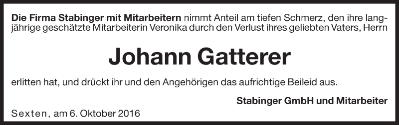  Traueranzeige für Johann Gatterer vom 08.10.2016 aus Dolomiten