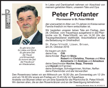 Traueranzeige von Peter Profanter von Dolomiten