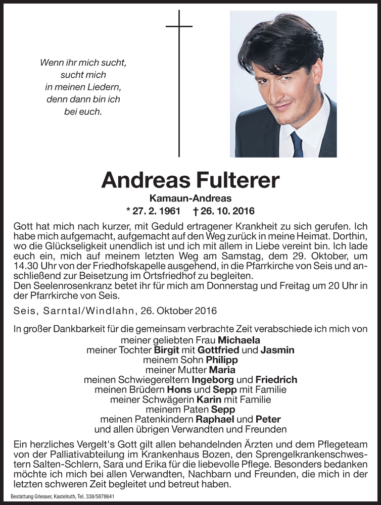  Traueranzeige für Andreas Fulterer vom 27.10.2016 aus Dolomiten