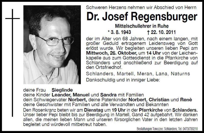  Traueranzeige für Josef Regensburger vom 25.10.2011 aus Dolomiten