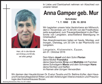 Traueranzeige von Anna Gamper von Dolomiten