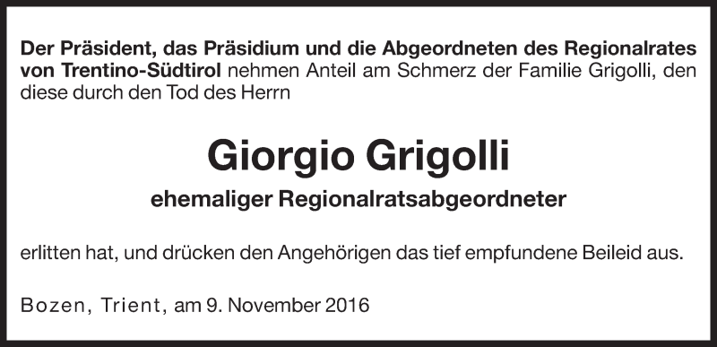  Traueranzeige für Giorgio Grigolli vom 10.11.2016 aus Dolomiten