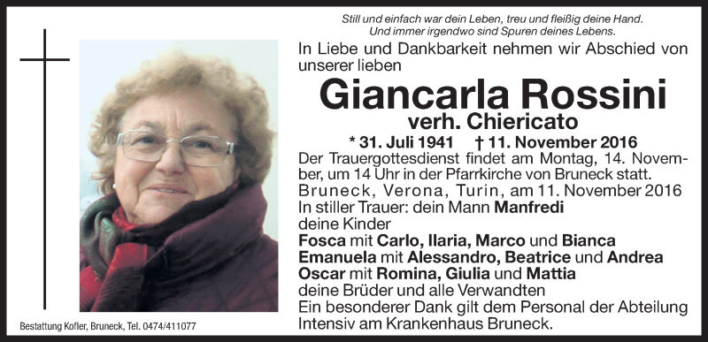  Traueranzeige für Giancarla Chiericato vom 14.11.2016 aus Dolomiten