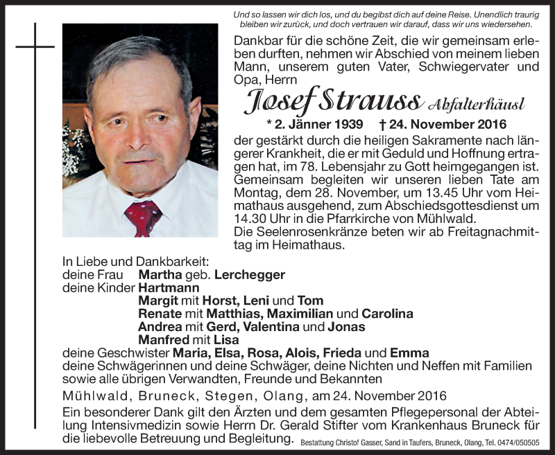  Traueranzeige für Josef Strauss vom 25.11.2016 aus Dolomiten