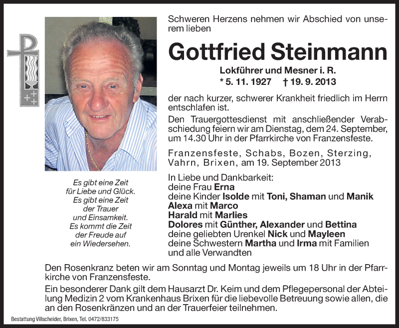  Traueranzeige für Gottfried Steinmann vom 13.09.2013 aus Athesia Dolmiten