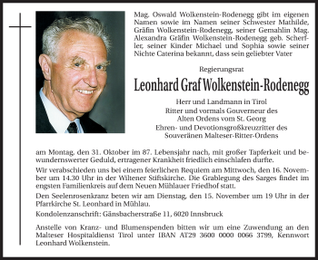 Traueranzeige von Leonhard  Graf Wolkenstein-Rodenegg von Dolomiten