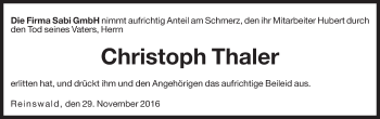 Traueranzeige von Christoph Thaler von Dolomiten
