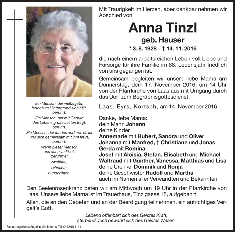  Traueranzeige für Anna Tinzl vom 16.11.2016 aus Dolomiten