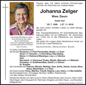 Traueranzeige von Johanna Daum von Dolomiten