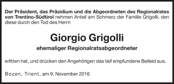 Traueranzeige von Giorgio Grigolli von Dolomiten